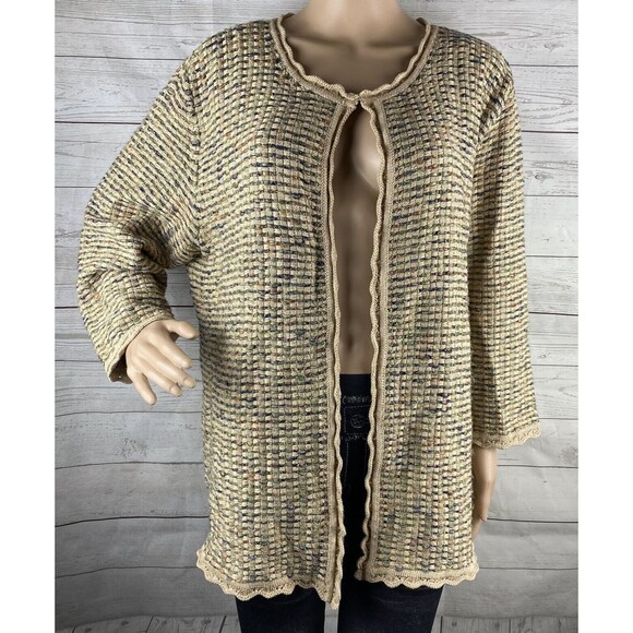 Alfred Dunner Cardigan Sweater XL Brown Tan Striped Glittery Accent Single Clasp - Picture 1 of 12